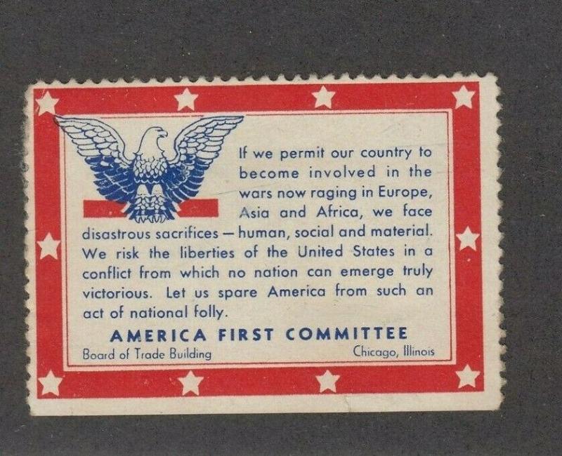 Poster Cinderella Stamp ca 1940 America First Committee Chicago Illinois Part OG