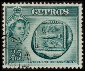 Cyprus 174 - Used- 25m Ancient Coin of Paphos (1955) (cv $0.70) +