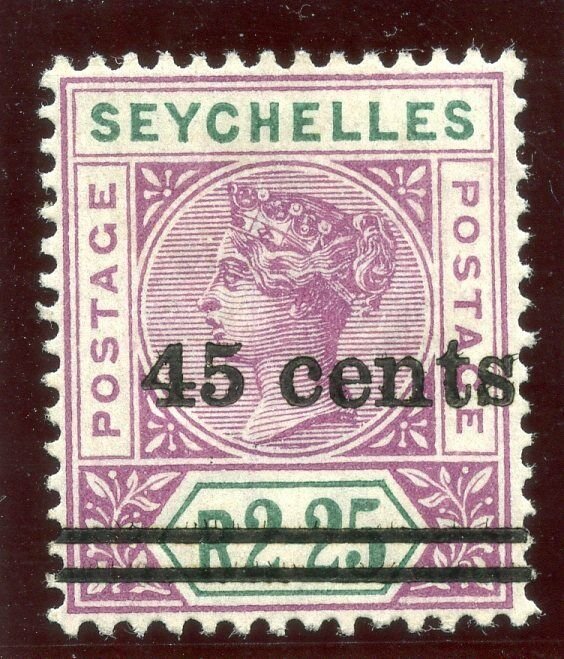 Seychelles 1902 QV 45c on 2r 25c bright mauve & green MLH. SG 45. Sc 37.