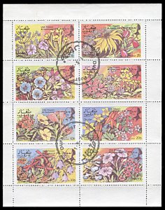 Dhufar, CTO, USA Bicentennial miniature sheet of 8, Flowers