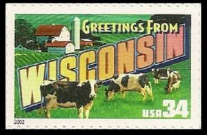 US 3609 Greetings from Wisconsin 34c single (1 stamp) MNH 2002