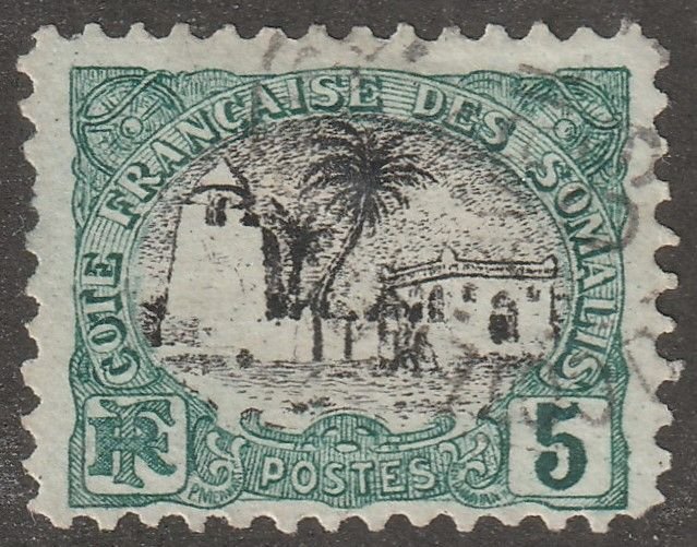 Somali Coast Postage Stamp Scott#52, Used Hinged 5, Palm, House, Post mark