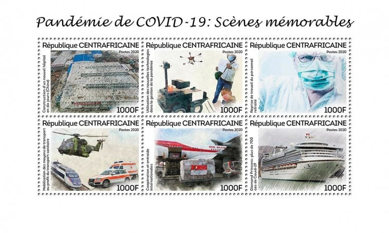 Central African Rep Medical Stamps 2020 MNH Corona Ambulance Helicopters 6v M/S