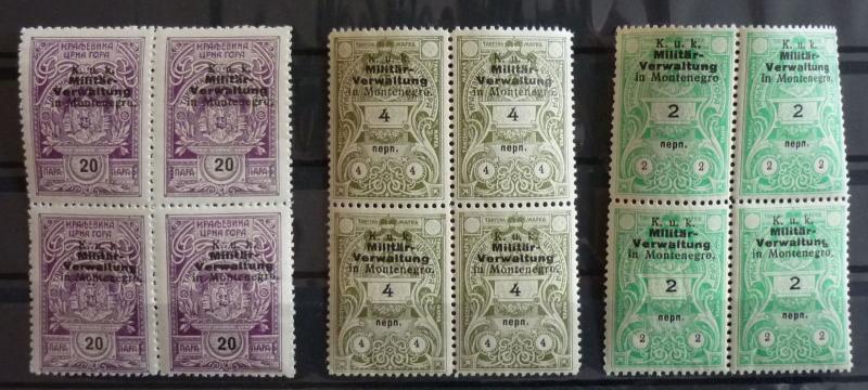 WWI AUSTRIA - MONTENEGRO -REVENUE STAMPS (MNH) - 3 BLOCKS OF 4 R! yugoslavia J13