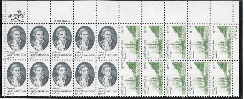 US#1732 - 1733 13c  plate block of 20 Captain Cook CV $5.25