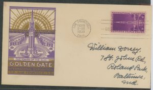 US 852 1939 3c Golden Gate International Exposition (Tower of the sun) on an addressed first day cover with a Staehle cachet.