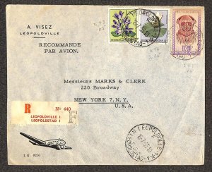 CONGO 253 273 & 276 STAMPS LEOPOLDVILLE MARKS & CLERK NY REGISTERED COVER 1955