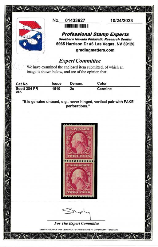 384 Mint,OG,NH... Pair... PSE Certificate... SCV $20.00... XF centering
