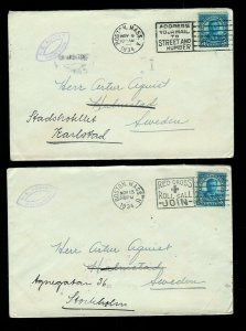 Foreign Destination to Sweden 1934 Set of 4 Diff. Boston Cancels! + Markings