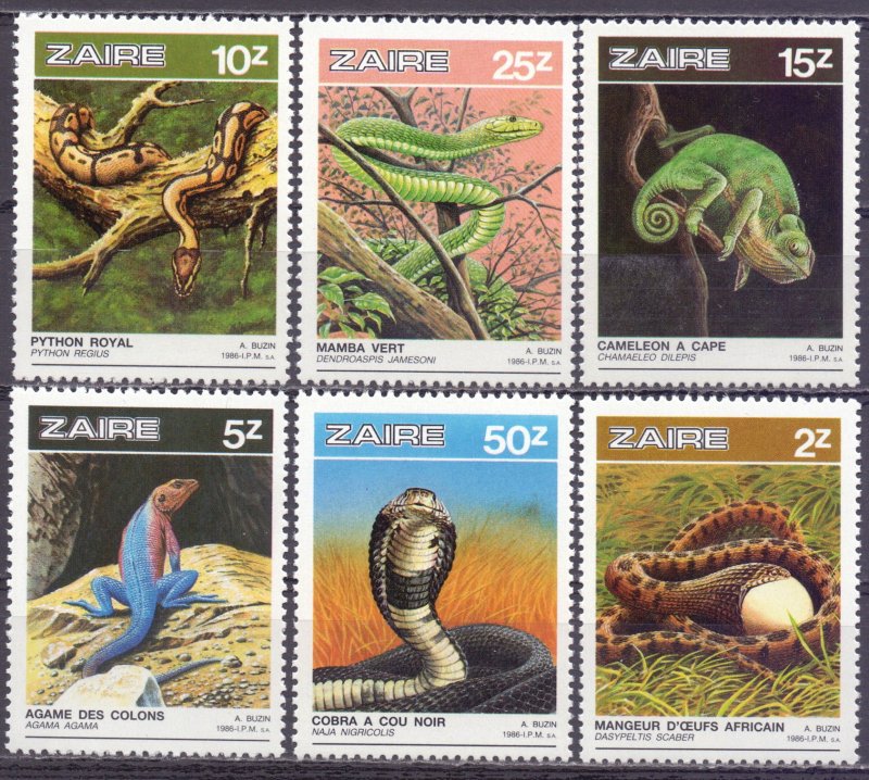 Kinshasa. 1987. 939-44. Snakes fauna. MNH. 