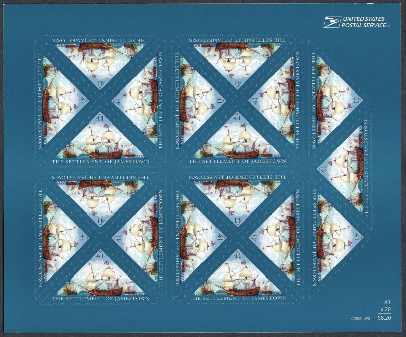 United States #4136 41¢ Settlement of Jamestown (2007).  Mini-sheet of 15. MNH