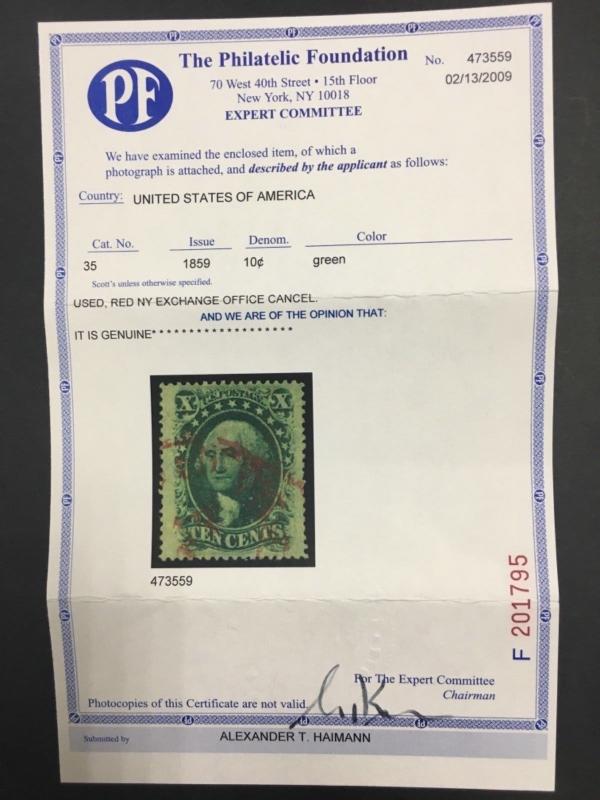 MOMEN: US STAMPS #35 USED XF-SUP PF CERTIFICATE