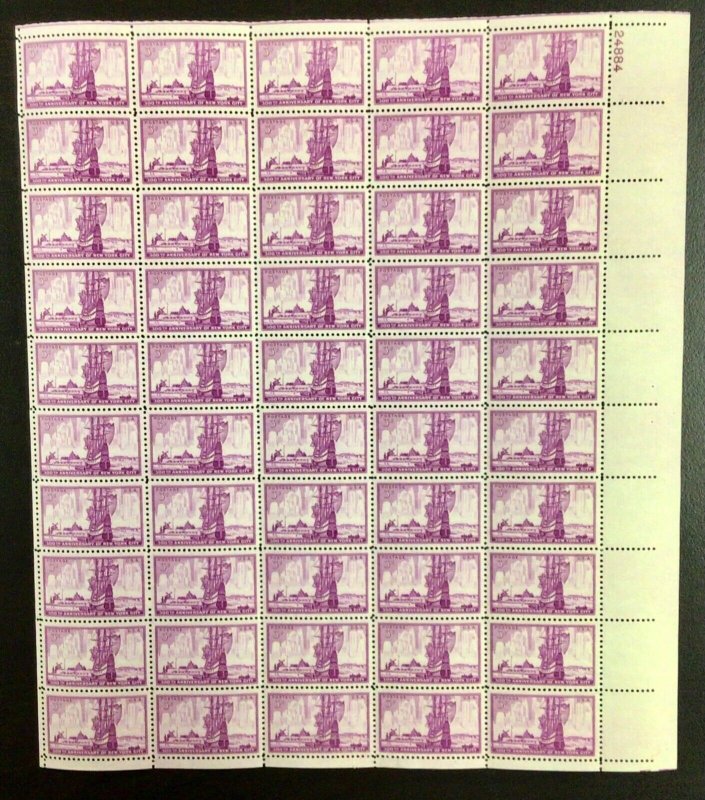 1027    New York City 300th Anniversary   MNH  3 c Sheet of 50   1953