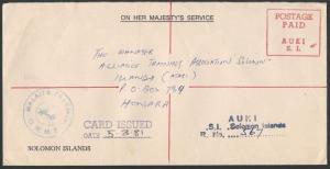 SOLOMON IS 1981 Registered cover AUKI to Honiara, POSTAGE PAID AUKI........12737