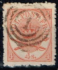 Denmark 1865, Sc.#13 used  Crown, Sceptre and Sword, Red