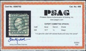 VERY AFFORDABLE GENUINE SCOTT #498 USED 1917 GREEN PSAG CERT FLAT PLATE #17041