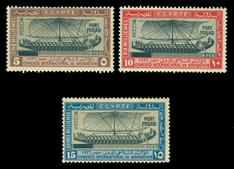 EGYPT 1926  Ship of Hatshepsut  PORT FOUAD  ovpt set  Scott # 121-123 mint MH