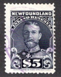 van Dam NFR21, $5  Violet, Used, p11, Inland Revenue, KGV, Newfoundland, Canada