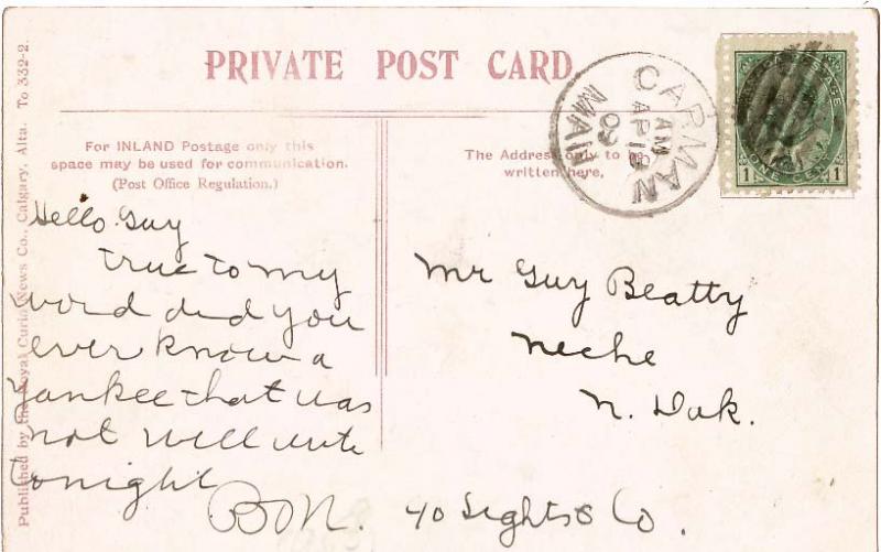 Canada 1c KEVII 1909 Carman, Man. PPC to Neche, N. Dak.