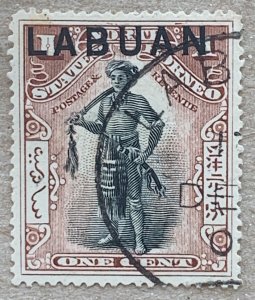 Labuan 1897 1c Dyak. Postally used. Perf 16.  Scott 72Ad, CV $20.00. SG 89bb