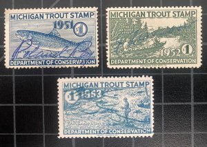 US Stamps - 1951 - 1953 - Michigan Trout Stamps - Used - Unique Collection