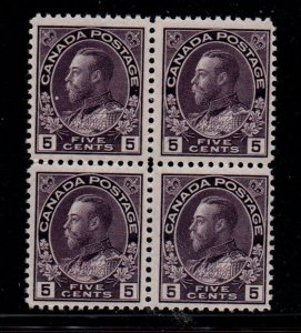 Canada Sc 112 1922 5c violet  G V Admiral stamp block of 4 mint NH