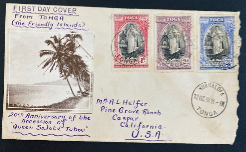 1938 Nuku’alofa Tonga Toga Islands First Day Cover To Caspar CA USA 20th Annievr