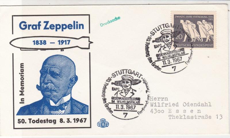 Germany 1967 In Memoriam Graf Zeppelin Stuttgart Slogans FDC Stamps CoverRf25836