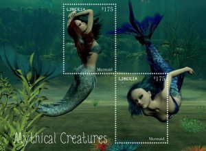 LIBERIA 2014 - Mythical Creatures - Mermaids - Souvenir sheet of 2 stamps - MNH