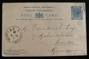 1888 Singapore Straits Settlements Postcard Stationery Cover To Germany H&G8