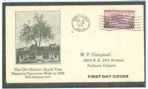 US 783 3c Washington State Anniversary on an addressed FDC with a Campbell cachet and an unofficial cancel (Vancouver, WA)