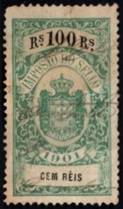 1901 Brasil Revenue 100 Reis Coat of Arms General Tax Duty Used