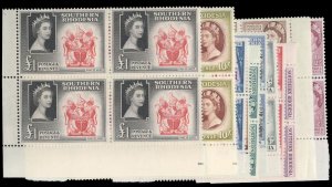 Southern Rhodesia #81-94 Cat$392, 1953 QEII, complete set in blocks of four, ...