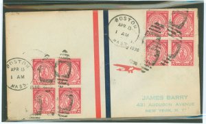 US 682 1930 2c Massachusetts Bay Colony (two blocks of four) on an addressed (hand stamp) uncacheted airmail cover with a Boston