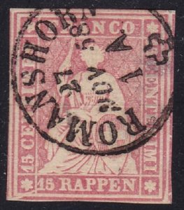 1855-57 SWISSER, Zumstein Catalog No. 24 - 15 Pink Carmine Rappen - Certified