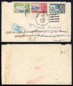 Cayman Islands 1939 early censor cover to USA WEST BAY pmks redirected