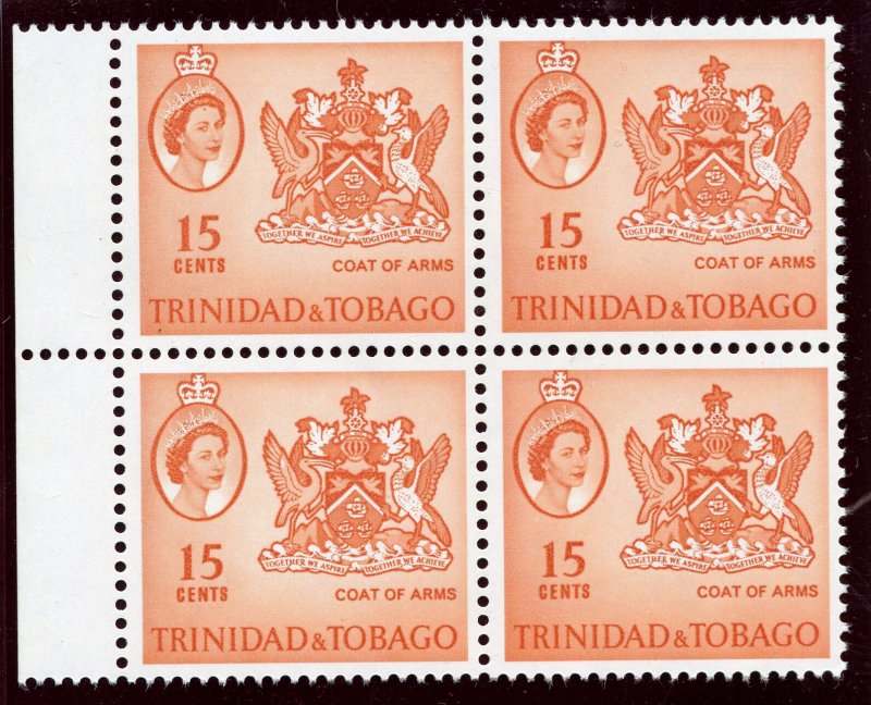 Trinidad & Tobago 1964 QEII 15c orange block of 4 superb MNH. SG 291a. Sc 116.