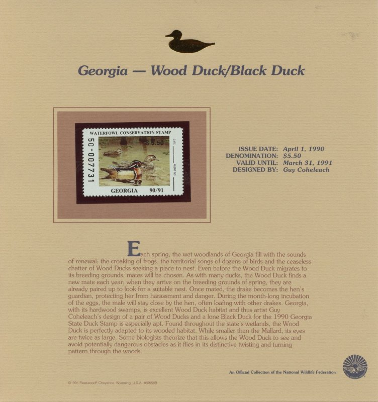 United States 1990 Federal and State Duck Stamps on Fleetwood Presentation Cards