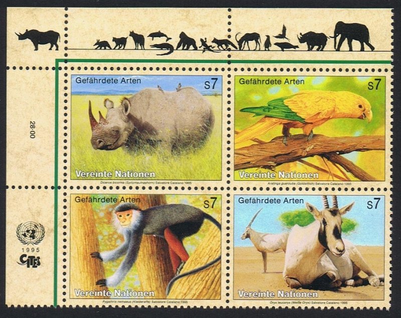 UN Vienna Birds Rhinoceros Parrot Monkey Oryx 4v Block of 4v 1995 MNH