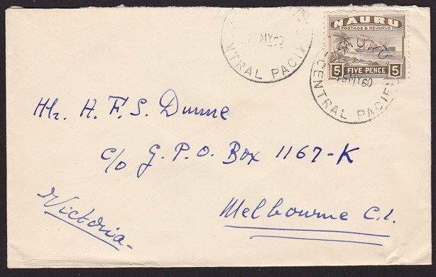 NAURU 1960 5d freighter on commercial cover to Melbourne...................7009