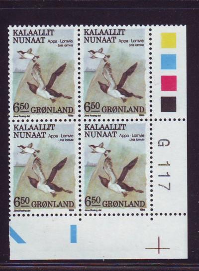 Greenland Sc 185 6.5 kr Birds stamp plate block of 4 mint NH