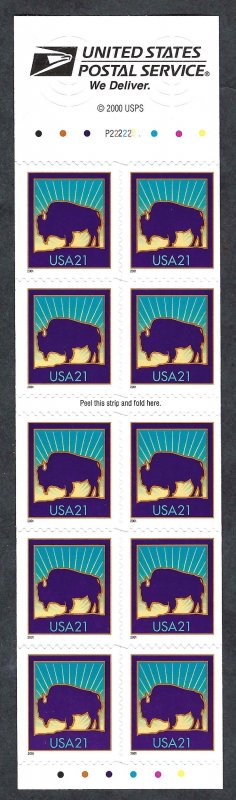 United States #3484d 21¢ Bison (2001). Pane of 10. Perf. 11 1/4 x 11 1/4. MNH