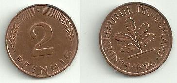 1986 F German 2 Pfennig Coin FC352