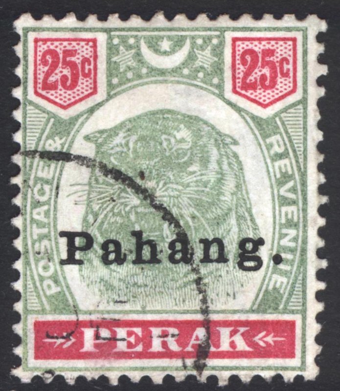 Malaya Pahang 1898 25c Green & Carmine Tiger SG 20 Scott 17 VFU Cat £170($222)