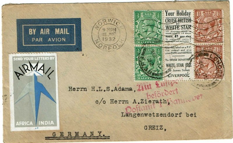 Great Britain 1932 Norwich cancels on cover to Germany, White Star booklet ad