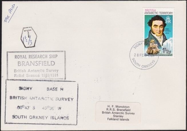 BR ANTARCTIC TERRITORY 1981 TAXED cover Research Ship BRANSFIELD cachet....a8661