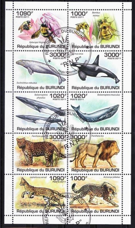 BURUNDI SHEET USED WILDLIFE MARINE LIFE BEES WHALES WILDCATS