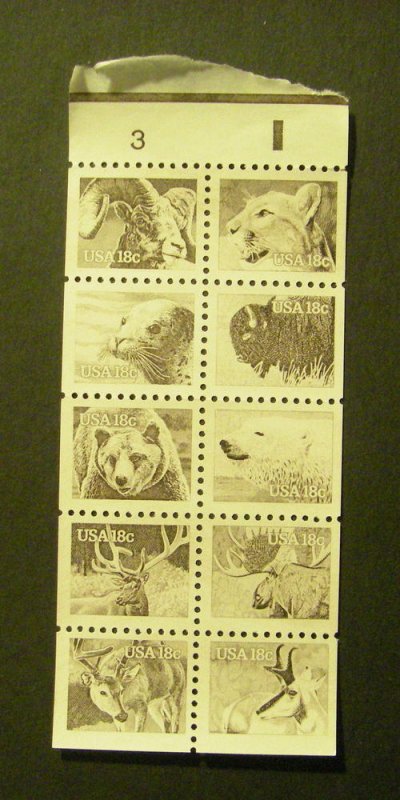 Scott 1889a, 18c American Wildlife, Pane of 10 with tab, #3, MNH Booklet Beauty