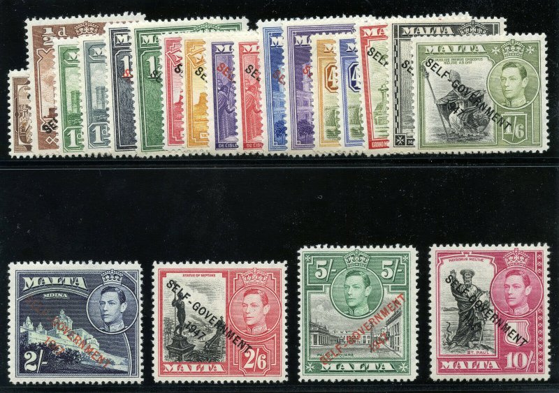 Malta 1948 KGVI Self Government Overprint set complete MLH. SG 234-248.