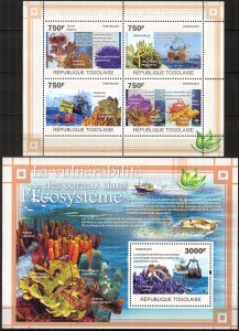 Togo 2011 Ships Marine Life Corals Sheet + S/S MNH